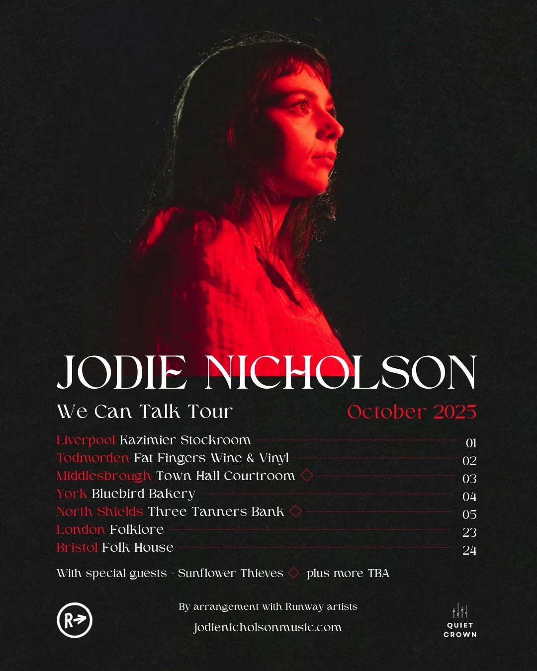 Tour poster featuring Jodie Nicholson for her October 2025 We Can Talk Tour, with a profile photo of her against a dark background illuminated with red light, listing dates and venues across various cities in the UK.
