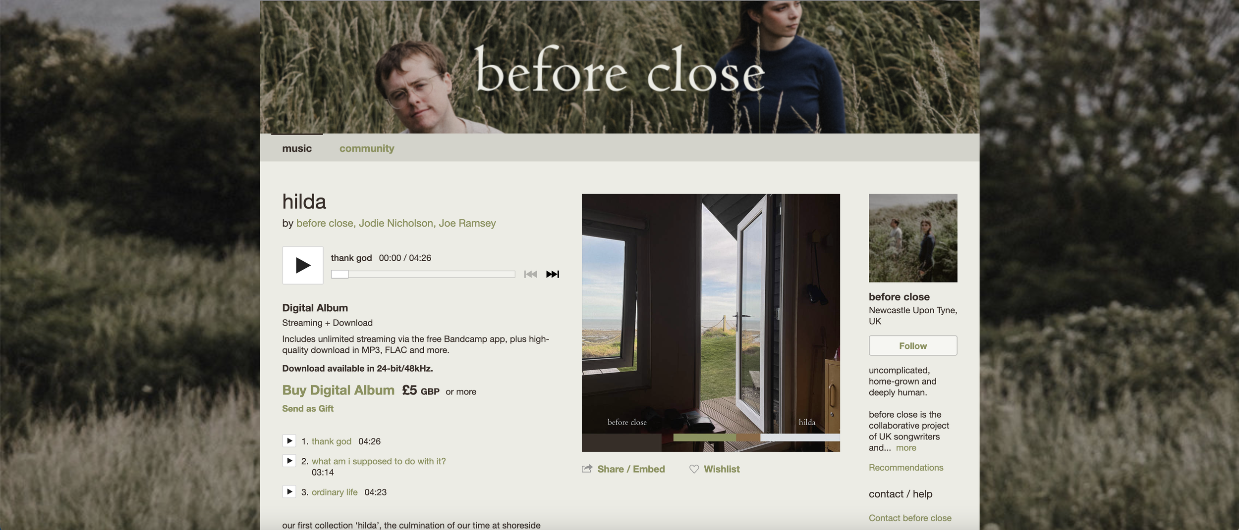 A webpage of a music album titled 'before close' featuring a song called 'hilda' by before close, Jodie Nicholson, and Joe Ramsey. The page includes a music player, album description, and track list. The background shows a landscape with trees and grass, with a cover image of an open door leading to an outdoor view.