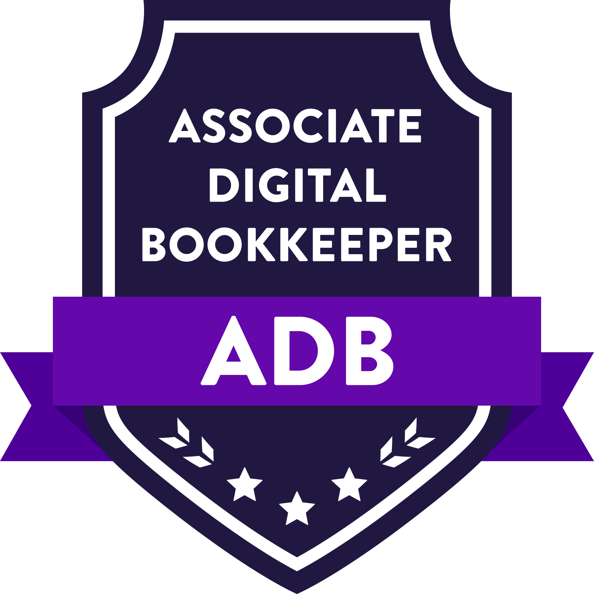 Badge indicating certification for an Associate Digital Bookkeeper by ADB, with a shield design, purple ribbon, and stars.