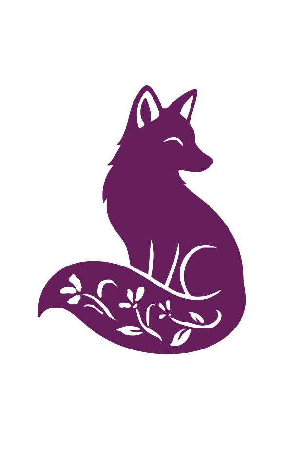 Purple fox silhouette with leaf patterns on its tail, set against a black background.