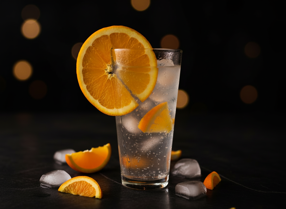 A tall glass of sparkling water with ice and orange slices, garnished with an orange slice on the rim, against a dark background with bokeh lights.