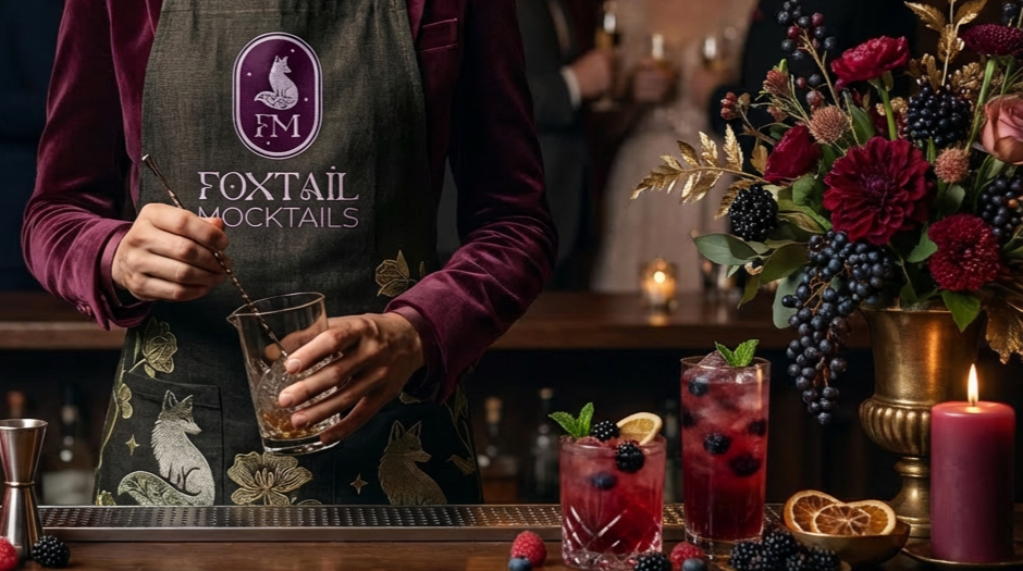 A bartender wearing an apron with the logo 'Foxtail Mocktails' stirs a drink at a bar decorated with a large floral arrangement, berries, citrus slices, and candles.