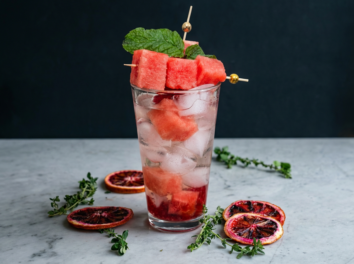 A tall glass filled with water, ice cubes, watermelon cubes, blood orange slices, and mint leaves, garnished with skewers of watermelon and mint. Blood orange slices and green herbs are arranged on a marble surface around the glass.