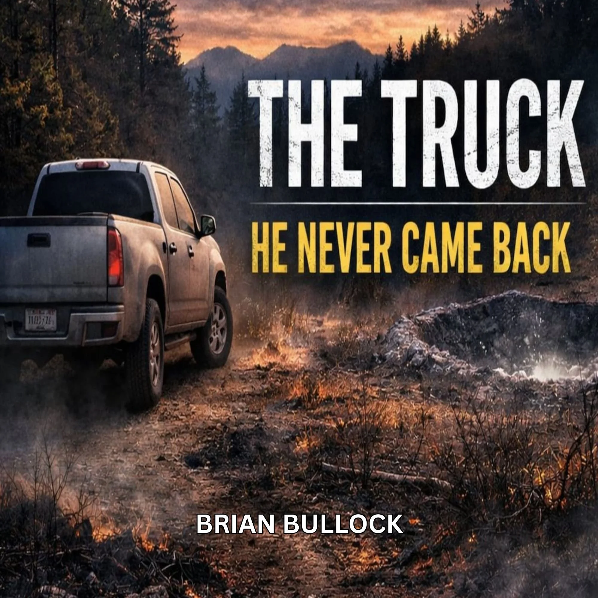 A car driving through a scorched forest landscape with smoke and burnt trees, sunset sky in the background, overlaid with the title 'The Truck: He Never Came Back' and the author's name Brian Bullock.