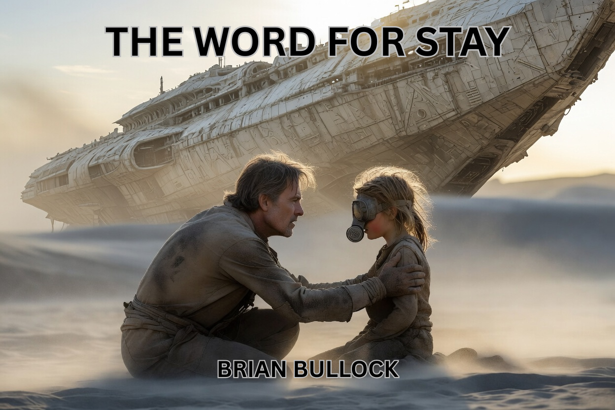 The image from a movie scene shows a man and a little girl kneeling on a sandy beach, with a large spaceship crashing in the background. The man is gently holding the girl, who is wearing a respirator mask, and looking at her with concern. The scene appears to be from a science fiction film with a tense moment.