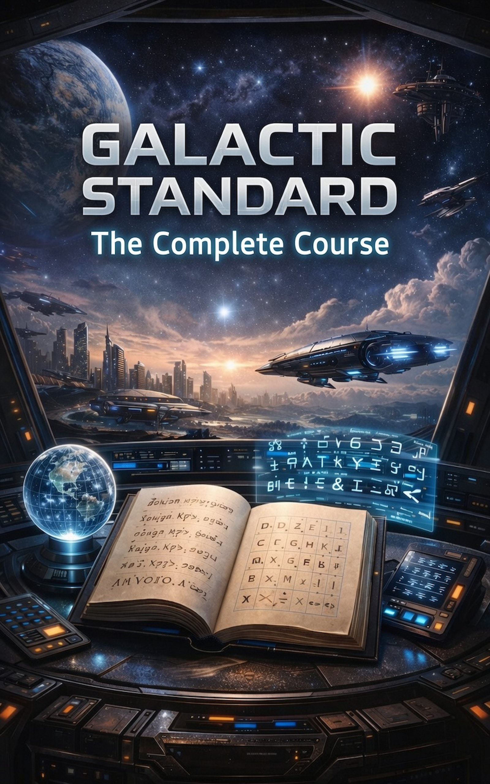 Futuristic spaceship cockpit view with a view of Earth and space, holographic computer screens, an open book with symbols, Russian alphabet, and a globe, all illustrating a sci-fi space theme.