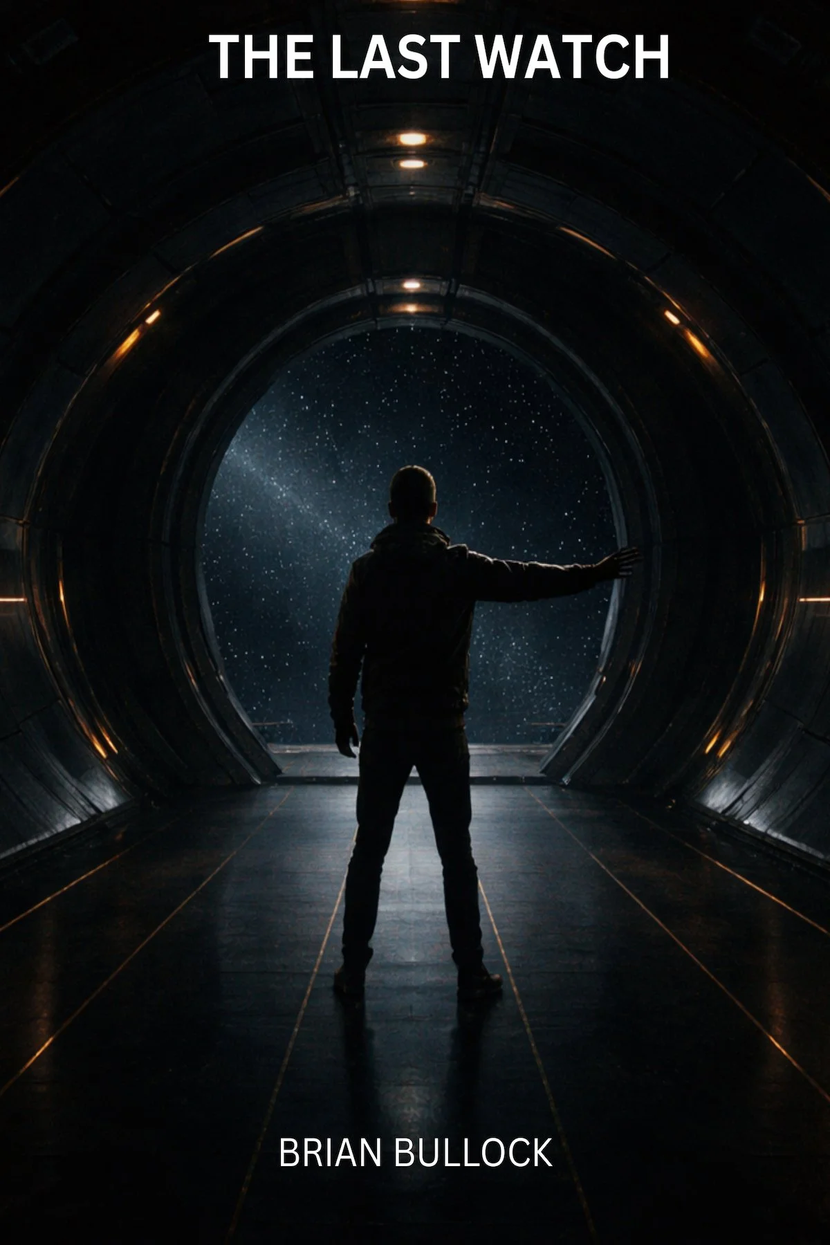 A person standing in front of a large, circular window looking at a starry night sky with the title 'The Last Watch' and the author's name 'Brian Bullock' at the top and bottom of the image.