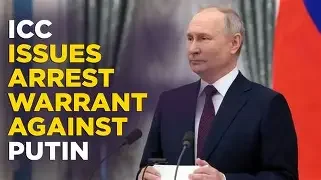 A man with a serious expression standing at a podium, with text overlay reading 'ICC Issues Arrest Warrant Against Putin'.