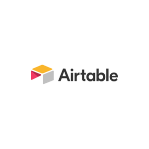 A logo with three geometric shapes in red, yellow, and gray, and the word "Airtable" in black text.