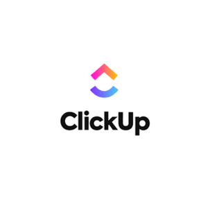 ClickUp logo with colorful abstract icon above the text 'ClickUp'