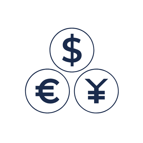 Three circles with currency symbols: dollar, euro, and yen.