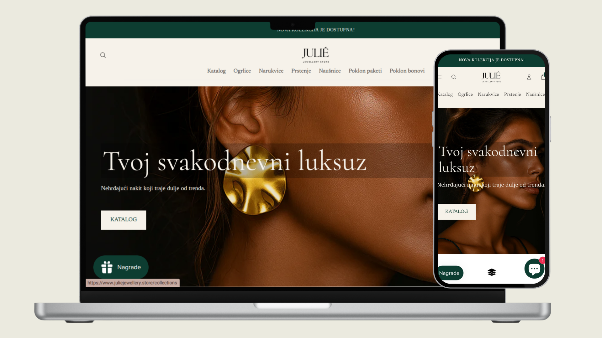Website displayed on laptop and smartphone screens showing a jewelry store called JULIE, promoting luxury earrings with a woman wearing large gold earrings.