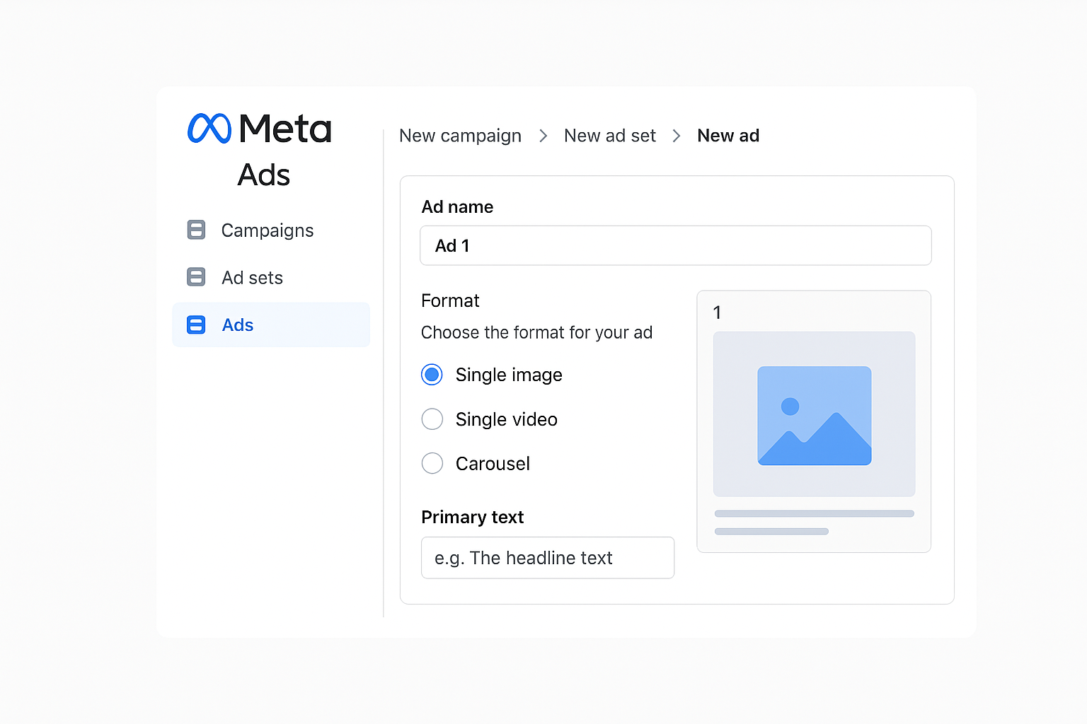 Screenshot of Meta Ads platform showing new advertisement setup with fields for ad name, format options including single image, single video, and carousel, and a placeholder image preview.