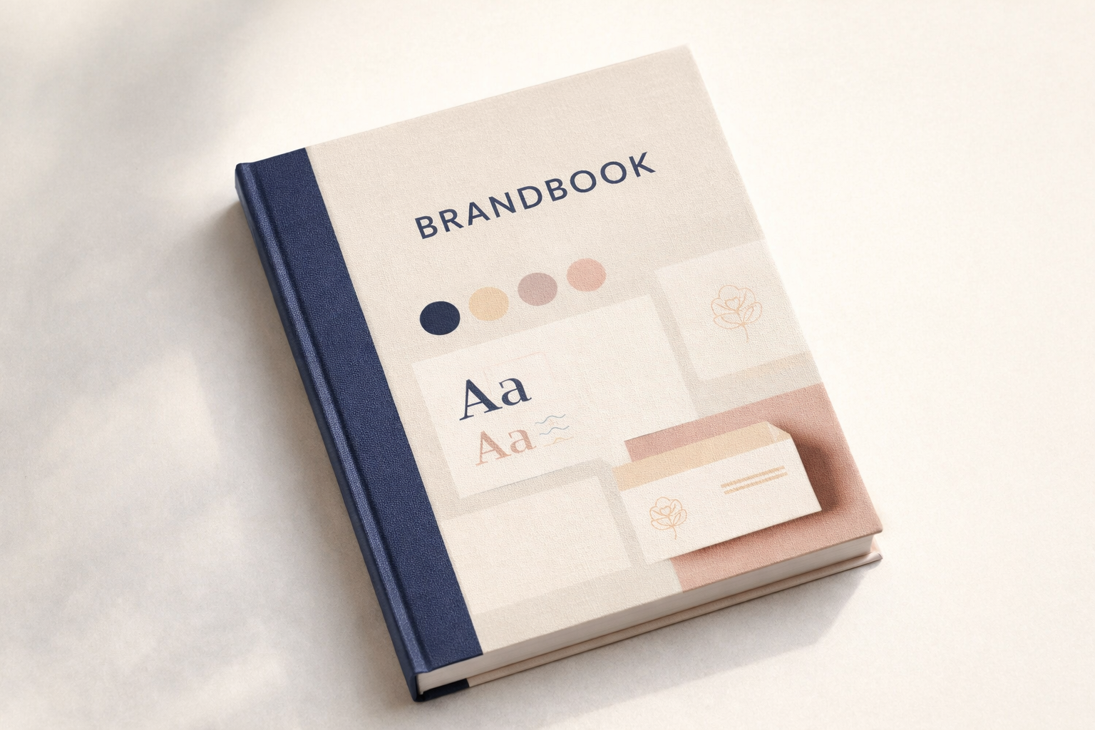 A hardcover brand manual with a navy blue spine, featuring a beige cover with the word 'BRANDBOOK' and various abstract design elements in soft pastel colors.