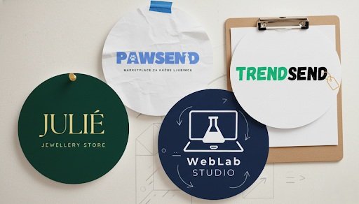 Five various branded paper notes and posters pinned on a white wall, including PAWSEND, JULIÉ JEWELLERY STORE, WebLab Studio, TREND SEND, and an unidentified logo.