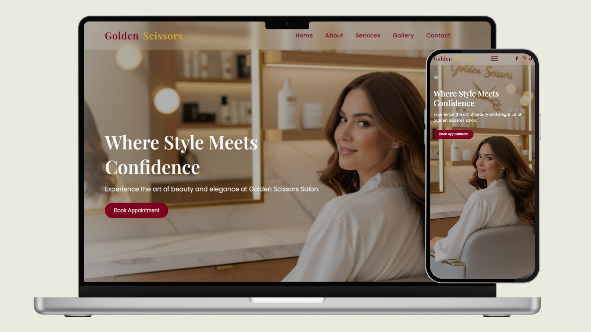 A laptop and a smartphone displaying a beauty salon website called Golden Scissors. The homepage shows a woman with long, wavy brown hair looking at the camera, sitting at a salon station with mirrors and shelves of hair products in the background. The website has a header with link navigation and a red button that says 'Book Appointment'. The main text says 'Where Style Meets Confidence' and 'Experience the art of beauty and elegance at Golden Scissors Salon.'