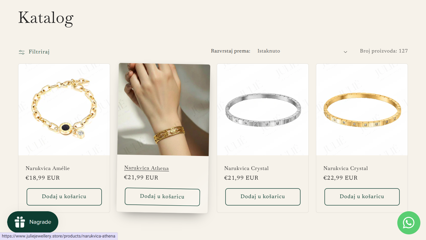 Online jewelry catalog showing four bracelets, including gold and silver styles, with prices and add to cart options.