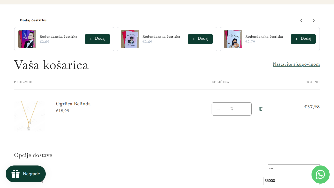 Online shopping cart with jewelry, specifically a necklace named 'Ogrlica Belinda', and the total price of €37.98 for two items.