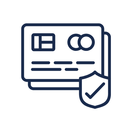 Icon of a credit card with security shield and checkmark.