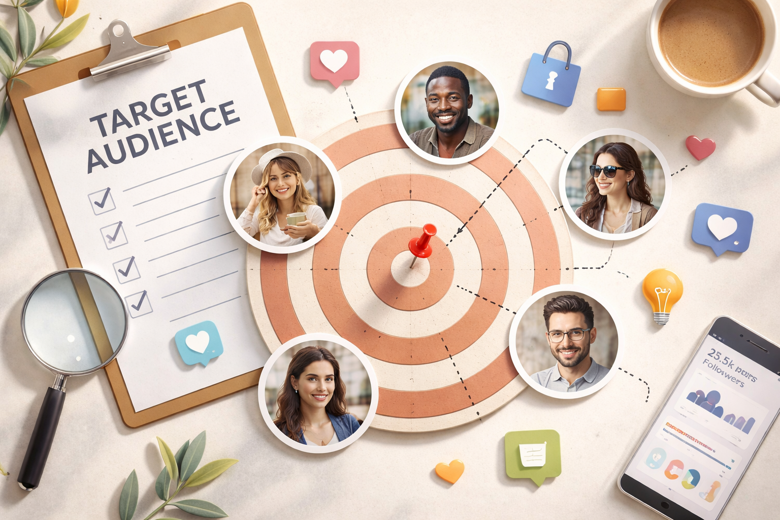 A target with four photos of diverse people around it, social media icons, a smartphone displaying follower analytics, a clipboard labeled 'Target Audience', a magnifying glass, lightbulb, and various icons, representing social media marketing and audience targeting.
