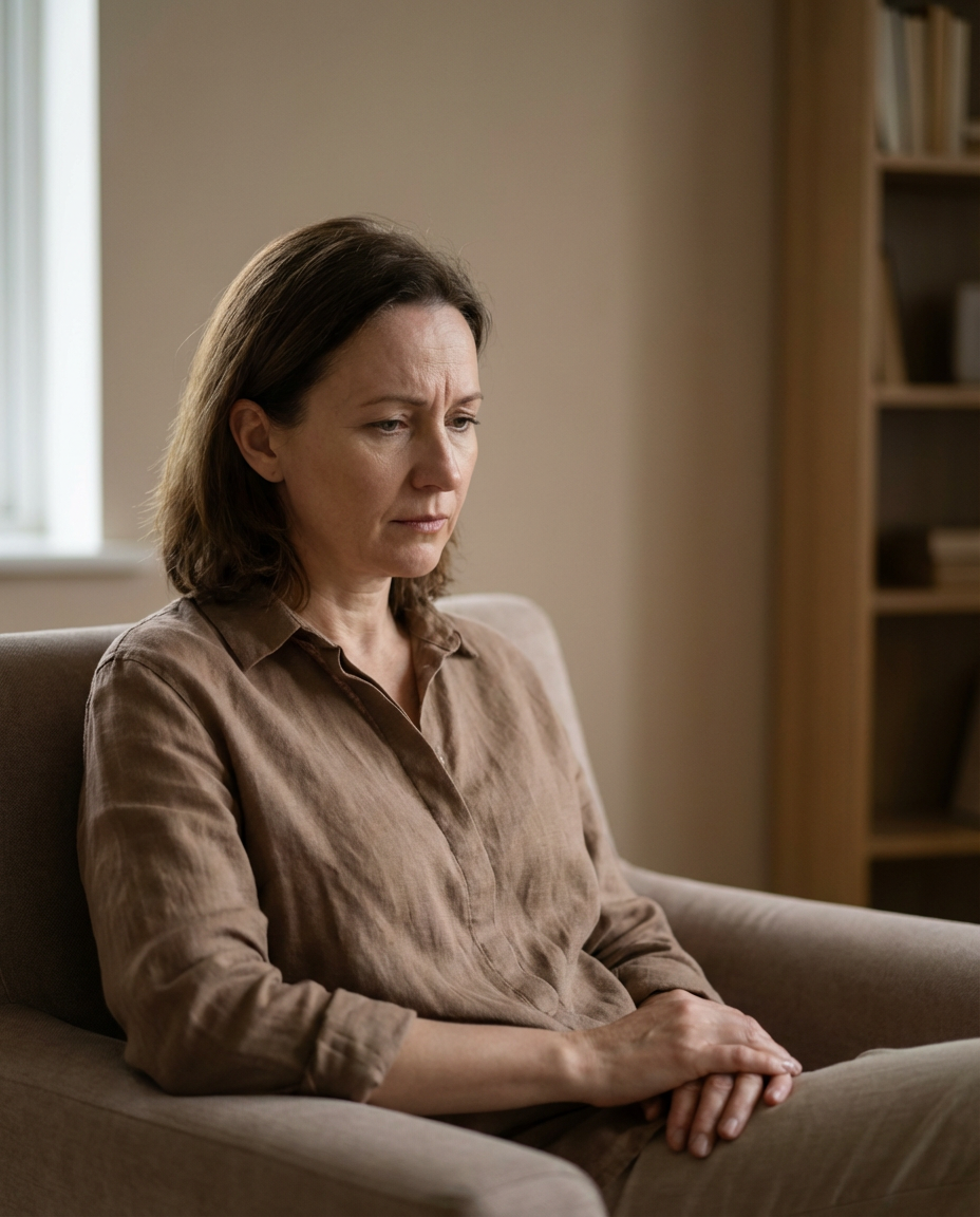 Una donna seduta su un divano, con tono preoccupato o pensieroso, in un ambiente casalingo con scaffali di libri sullo sfondo.