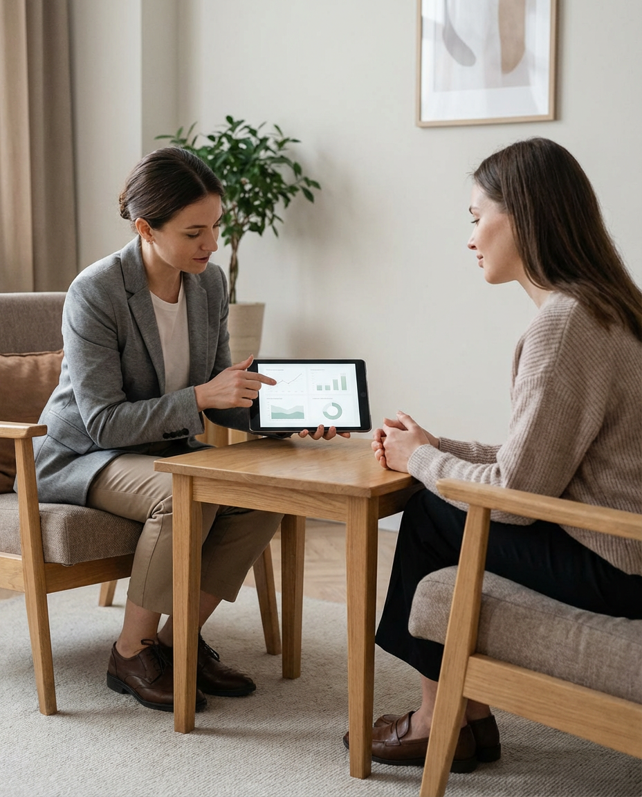 Due donne sedute a un tavolino di legno, una mostra un tablet con grafici, l'altra ascolta attentamente, ambiente domestico con parete bianca, quadro e pianta in background.