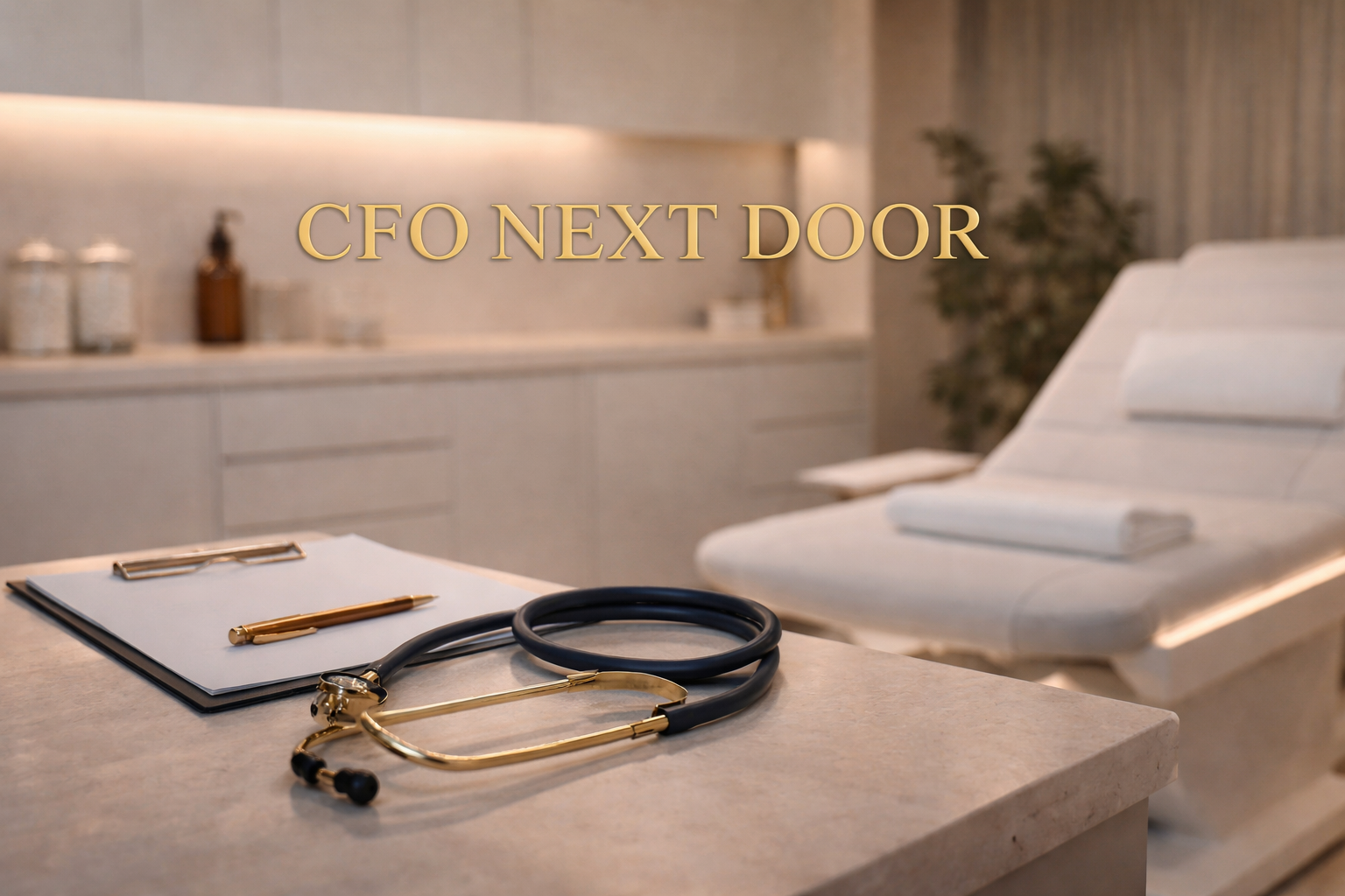 Medical examination room with stethoscope, clipboard, and pen on a counter, and a patient bed with rolled towels.