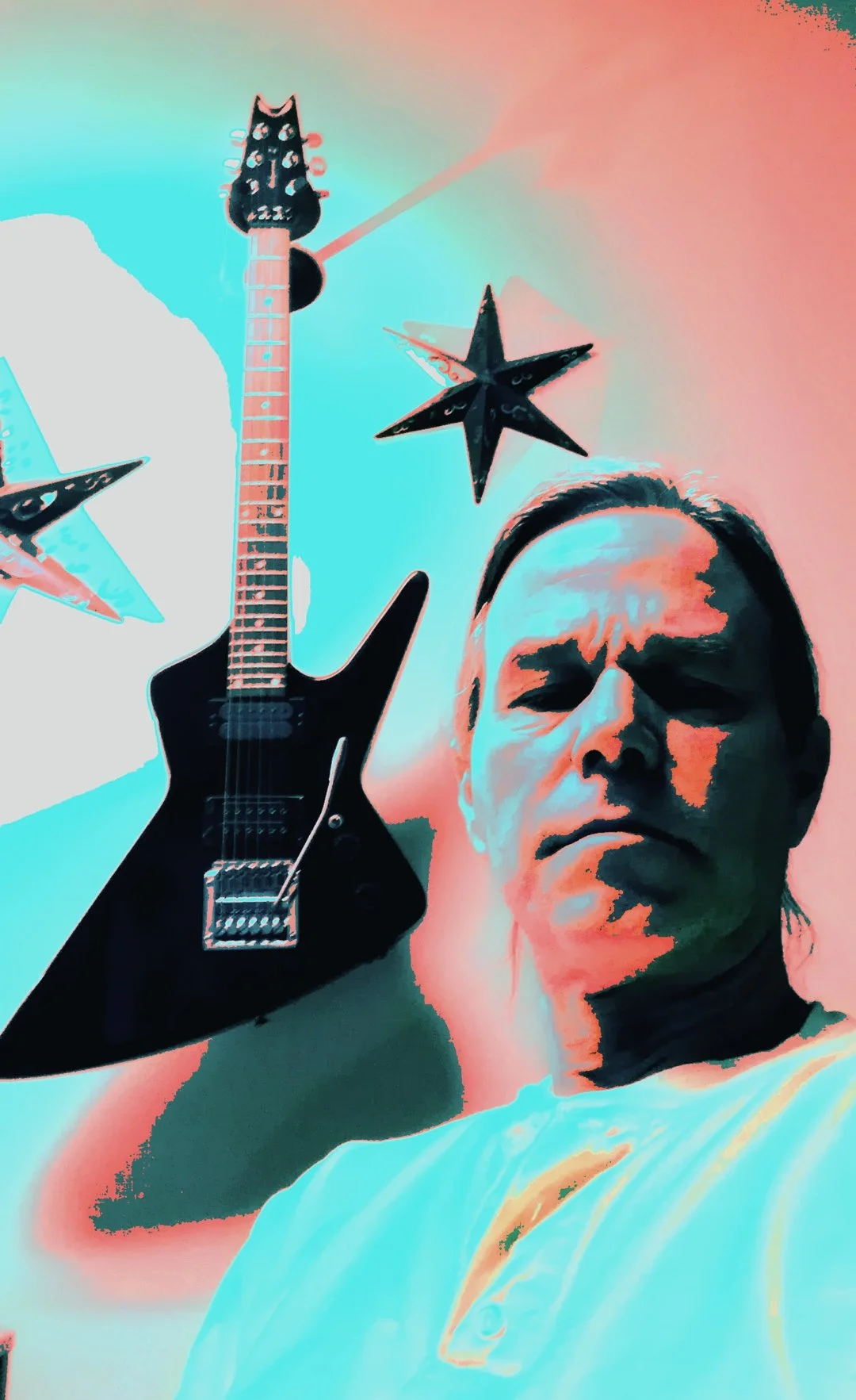 A stylized digital illustration of a person with a guitar, stars, and decorative elements on the wall behind them.