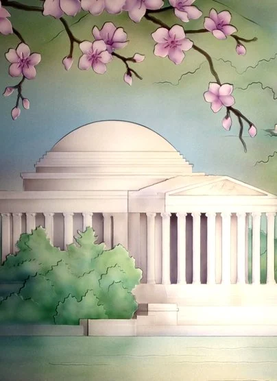 Detail of a large carved and painted glass panel of the Jefferson Monument, framed by pink cherry blossoms and green foliage.