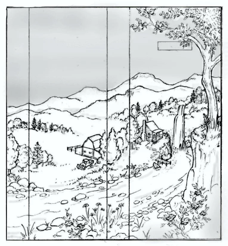 A black and white line drawing of a rustic mountain landscape with trees, mountains in the background, a small waterfall, and houses on a hillside.
