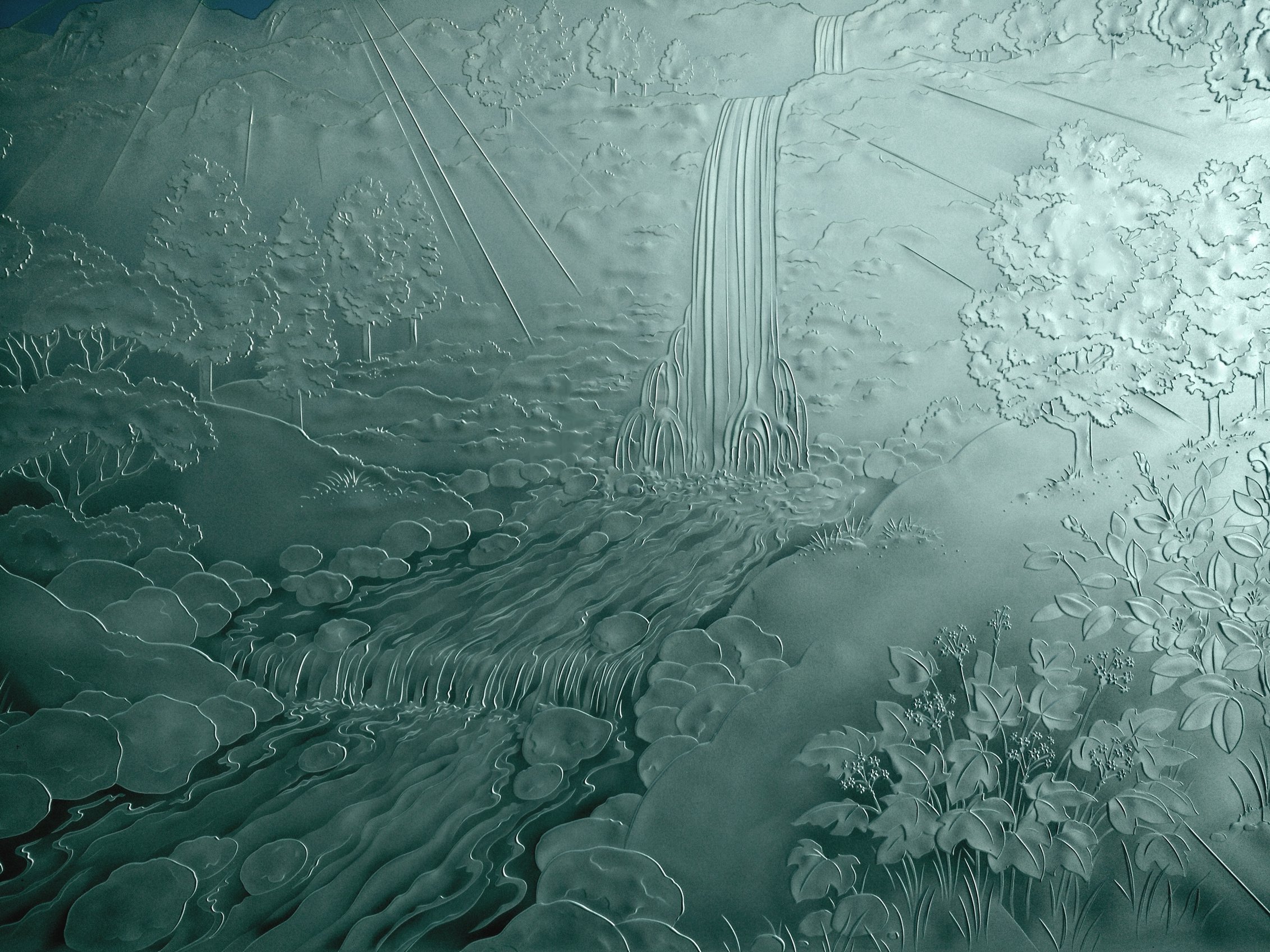 mountains and waterfall scene