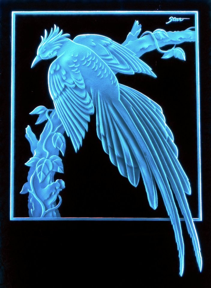 Neon light artwork of a blue bird perched on a branch, with a mountain in the background.