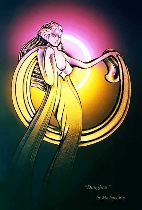 Artwork titled "Daughter" by Michael Ray depicting a stylized woman with long flowing hair, golden dress, and abstract background with a glowing circle.