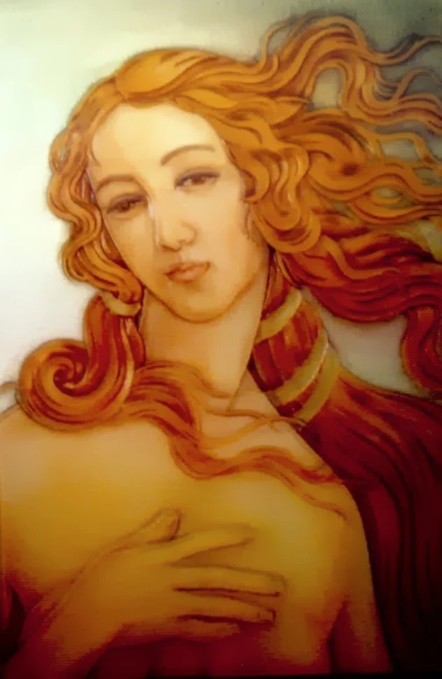 Oil painted on carved glass, a portrait of a woman with long, wavy red hair, with one hand on her chest. Venus in mirror.