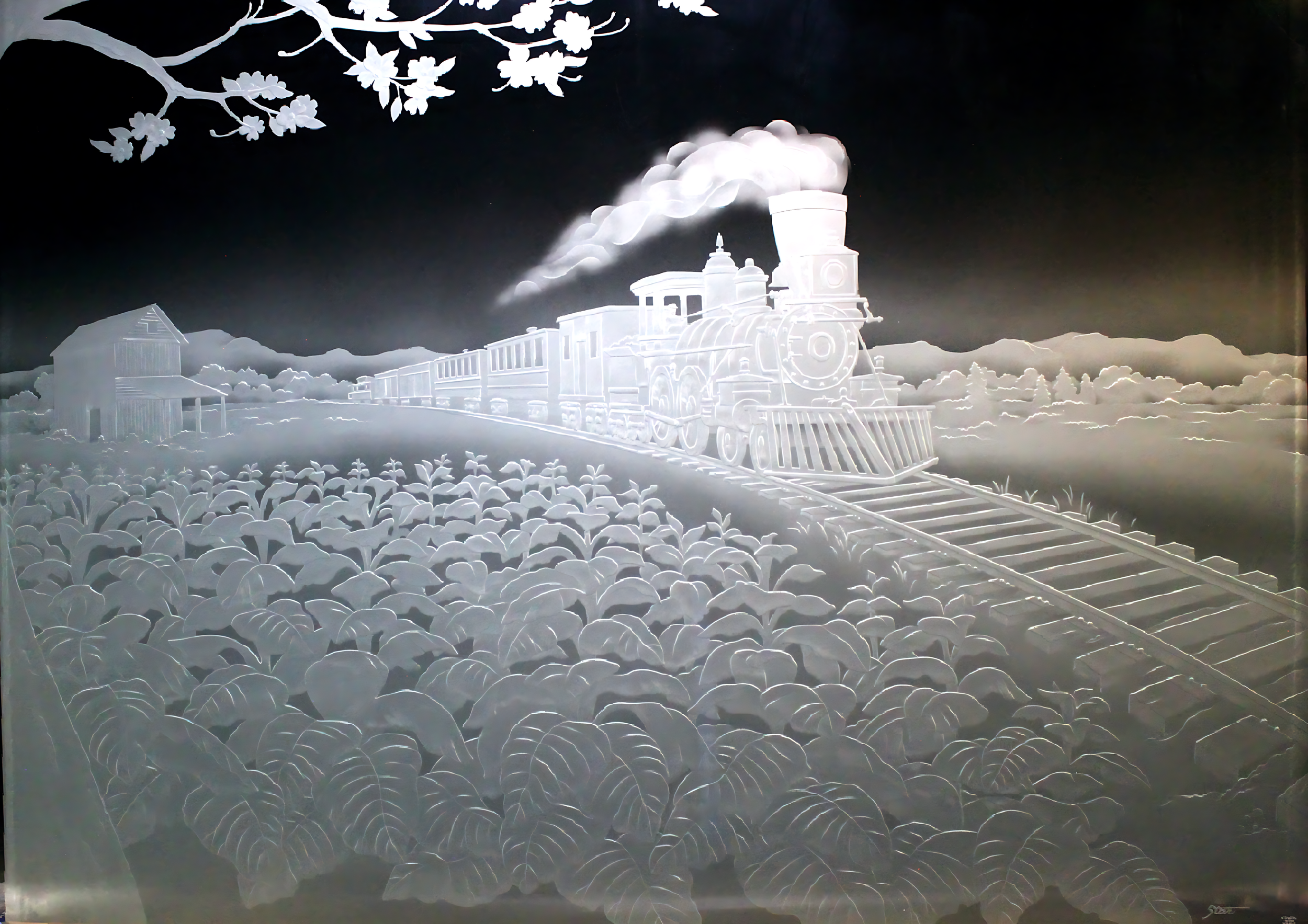 A carved glass mural depicting a vintage steam train traveling through farmland with rows of crops a tobacco barn, and a Dogwood tree branch overhead.