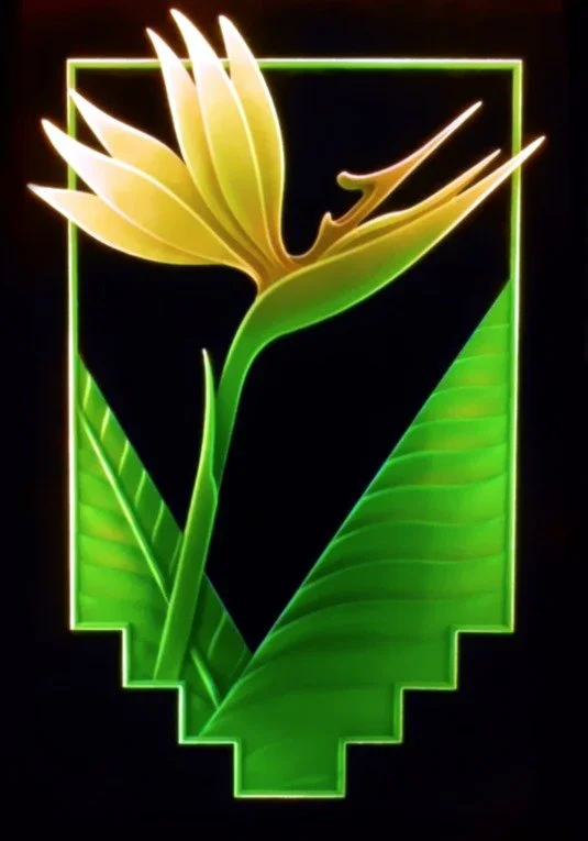 Neon sign featuring a yellow flower with green leaves inside a green-outlined shield shape.
