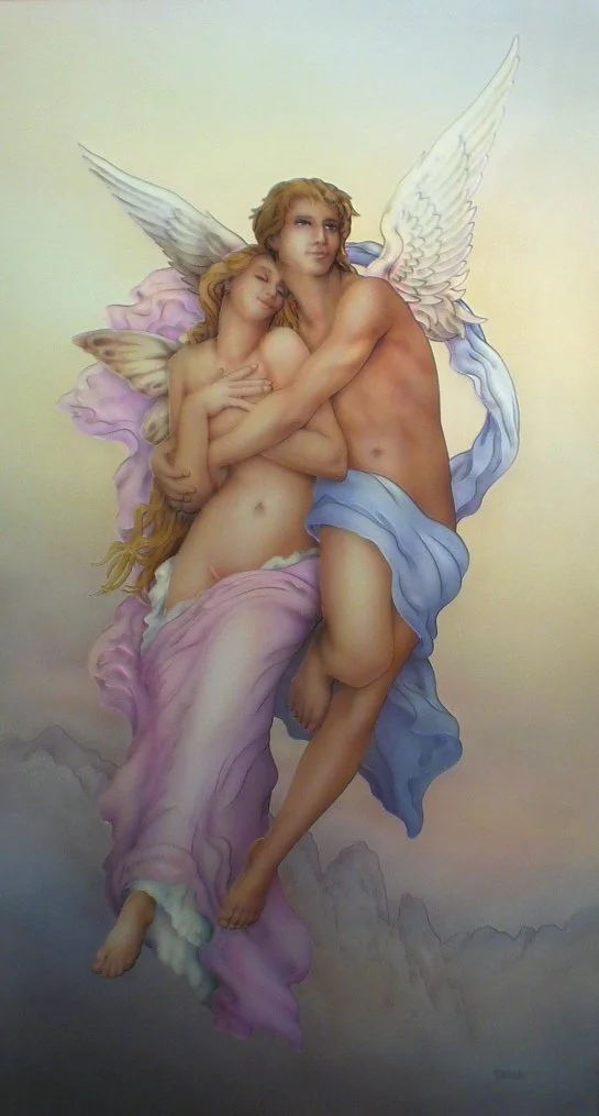A glass painting of a man and woman with angelic wings, embracing each other, floating in the sky with mountains in the background.