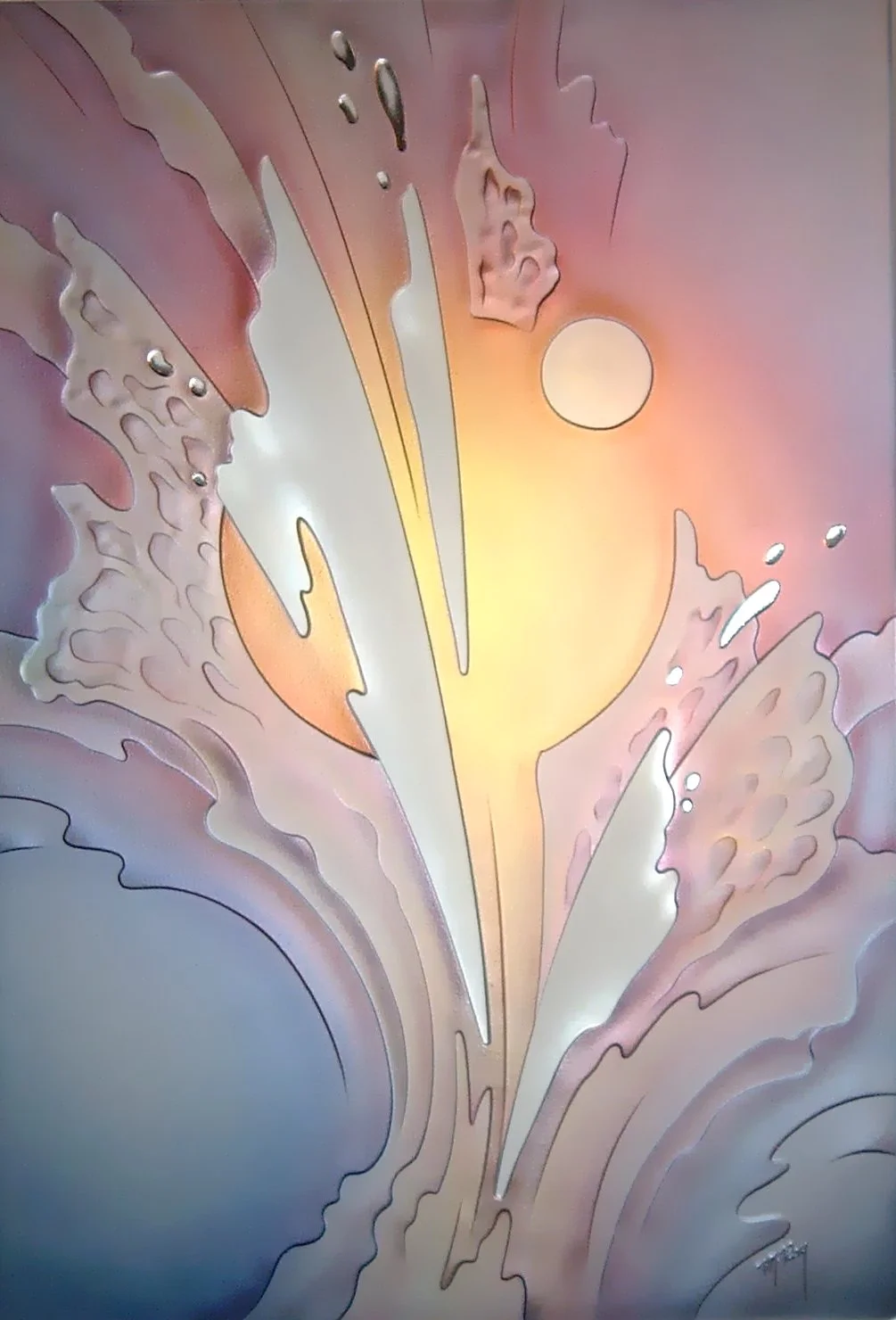 Carved and painted mirror abstract with reflected light through soft colors .