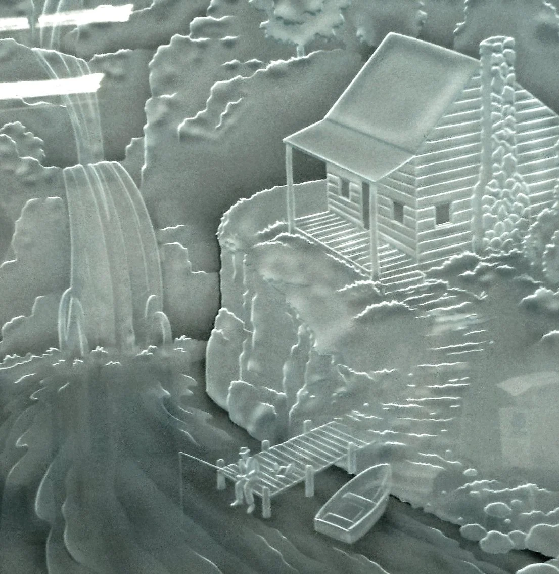 A detailed cut-out paper scene of a house on a hill, with a boat nearby and a waterfall in the background.