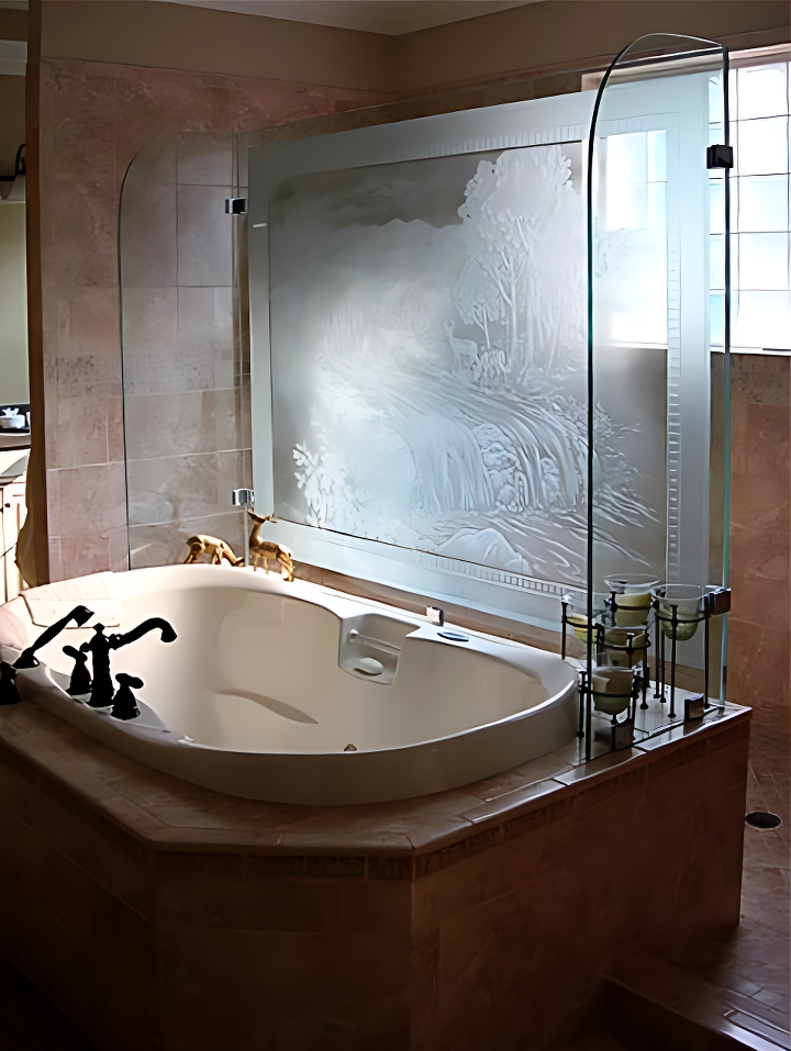 A corner bathtub with a frosted glass shower screen featuring a landscape etched design, decorated with small animal figurines and candles, in a bathroom with tiled walls and a window.