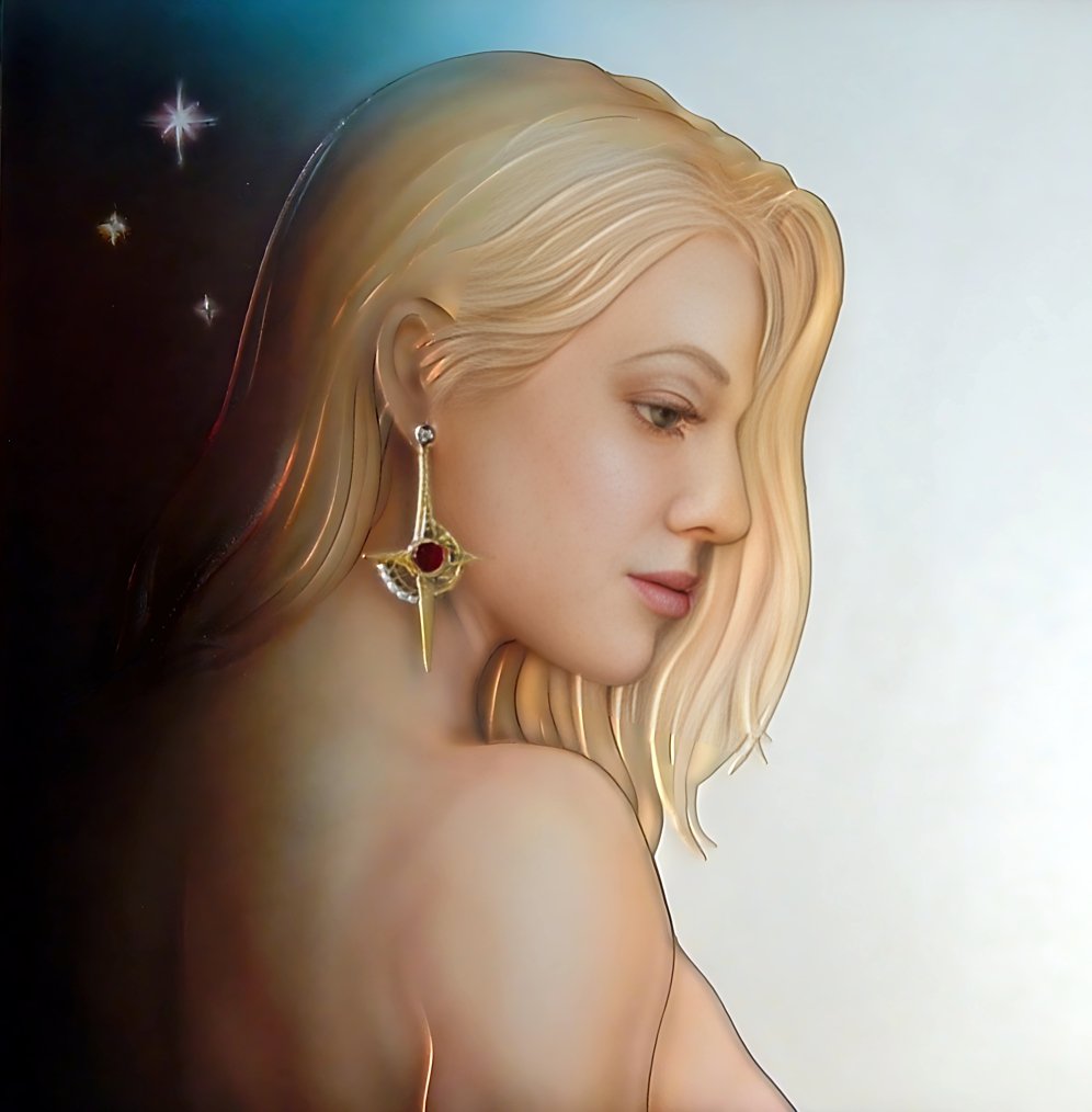 Portrait of a woman with blonde hair and an elaborate earring, looking to the side with a serene expression. The background features a gradient from dark to light with small twinkling stars. Carved and painted glass.