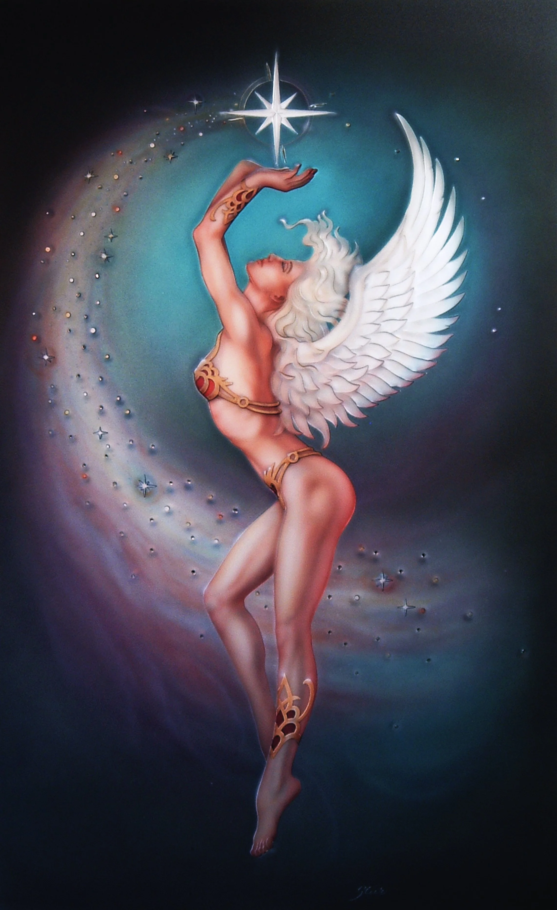 Carved and painted fantasy glass artwork of a winged female figure with silver hair, wearing gold jewelry, reaching toward a glowing star in a cosmic background with stars and swirling colors.