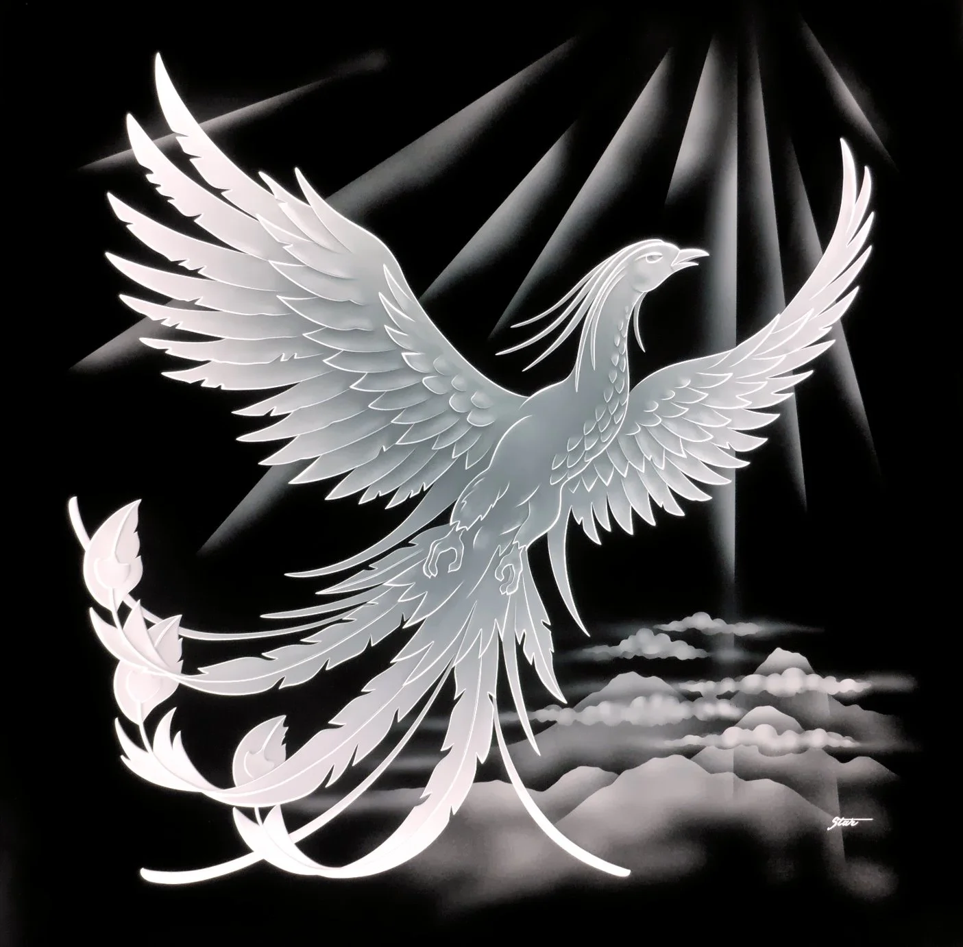 Carved glass artwork of a phoenix with outstretched wings and a long tail, shining with bright light against a dark background with rays and clouds. Installed in a residential foyer.
