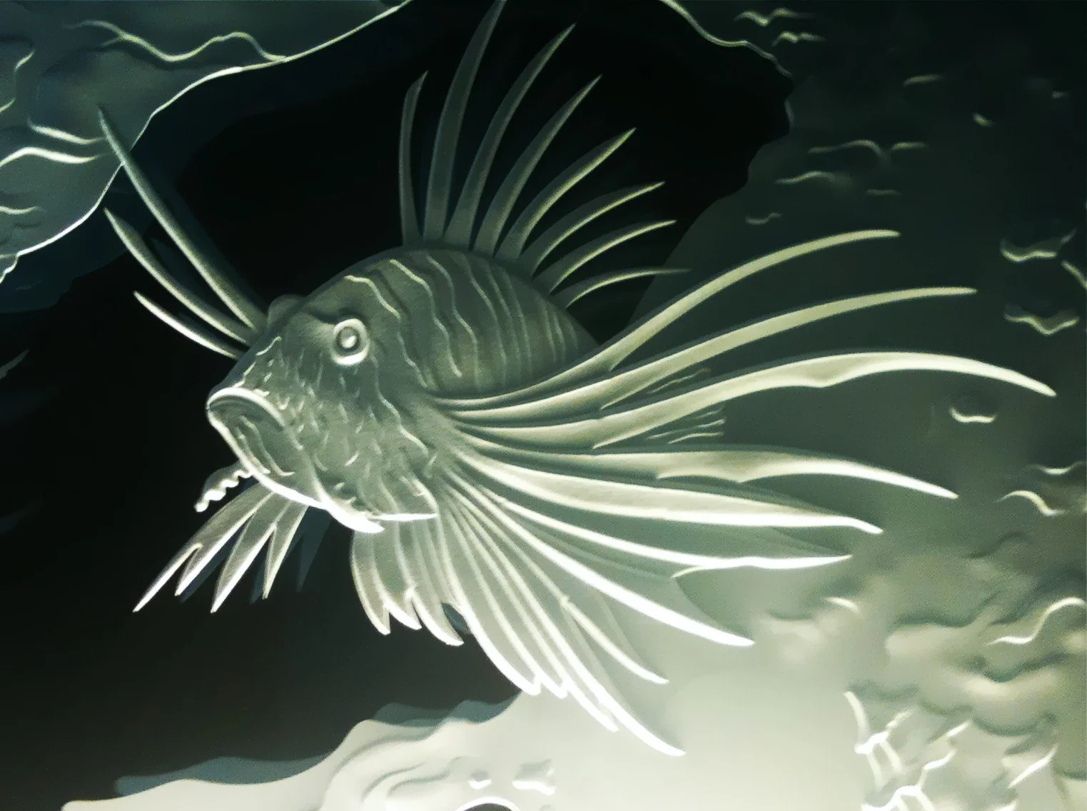 An illuminated metal sculpture depicts a fish with long, flowing fins swimming next to a dark cave or opening, with stylized waves and clouds in the background.