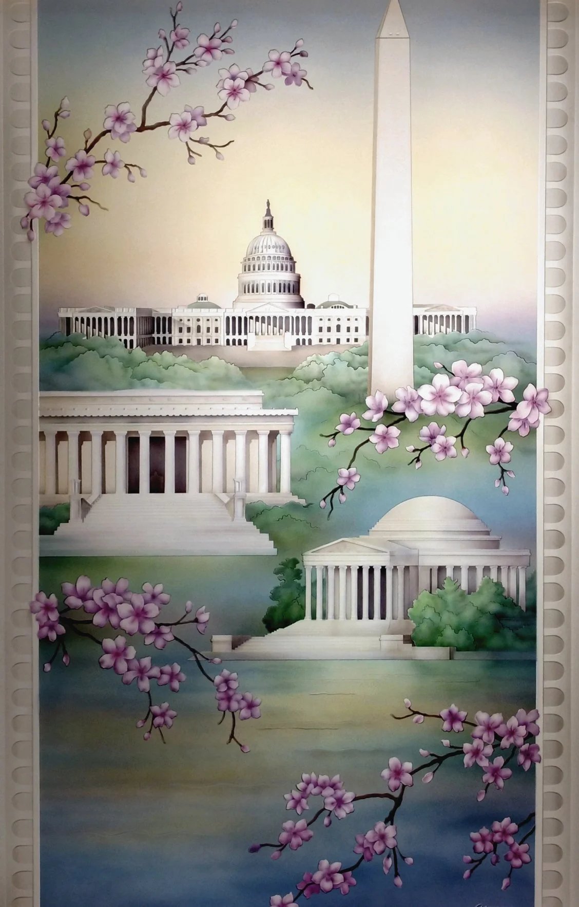 An illustration of iconic Washington, D.C. landmarks, including the Capitol, Washington Monument, Lincoln Memorial, and Thomas Jefferson Memorial, with pink cherry blossom branches in the foreground.