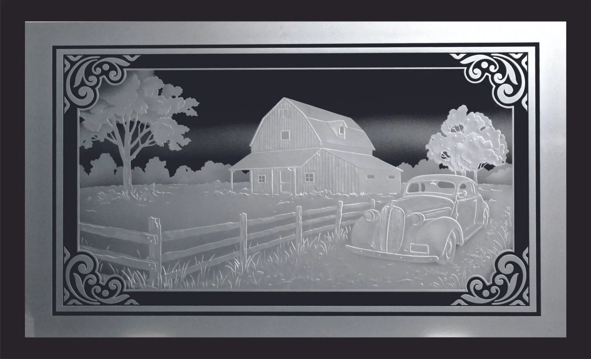 Carved glass panel depicting a rustic farm scene with a barn, trees, a vintage car, and a fence.