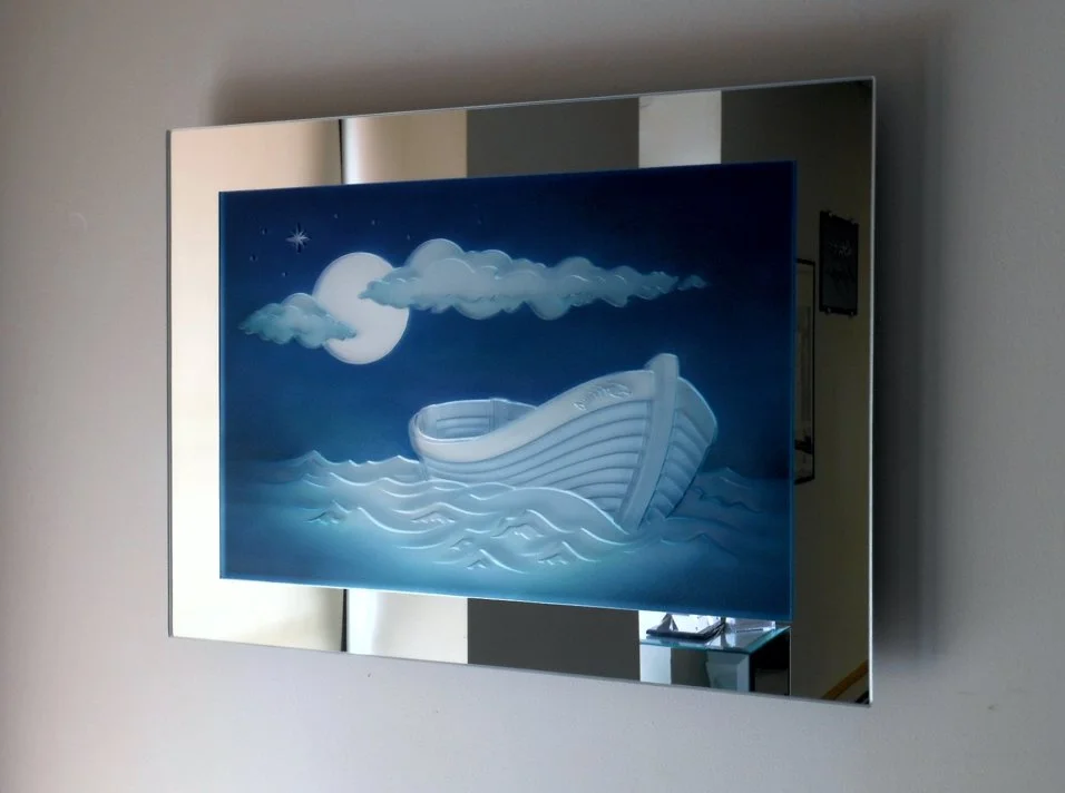 Carved and painted mirror of a boat on choppy waters under a moonlit sky with clouds and a star.
