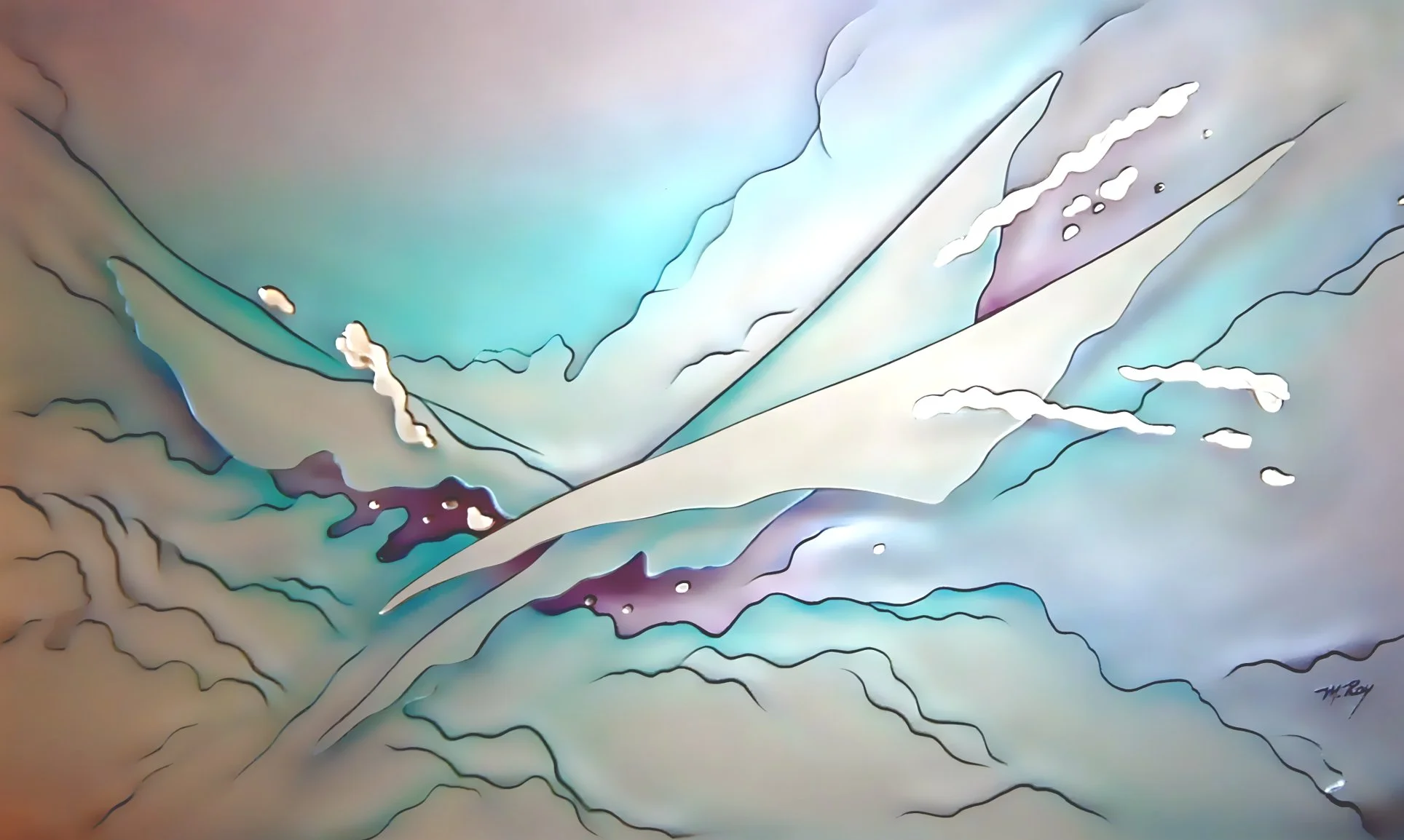 Carved and painted mirror abstract with soft pastel colors and flowing lines