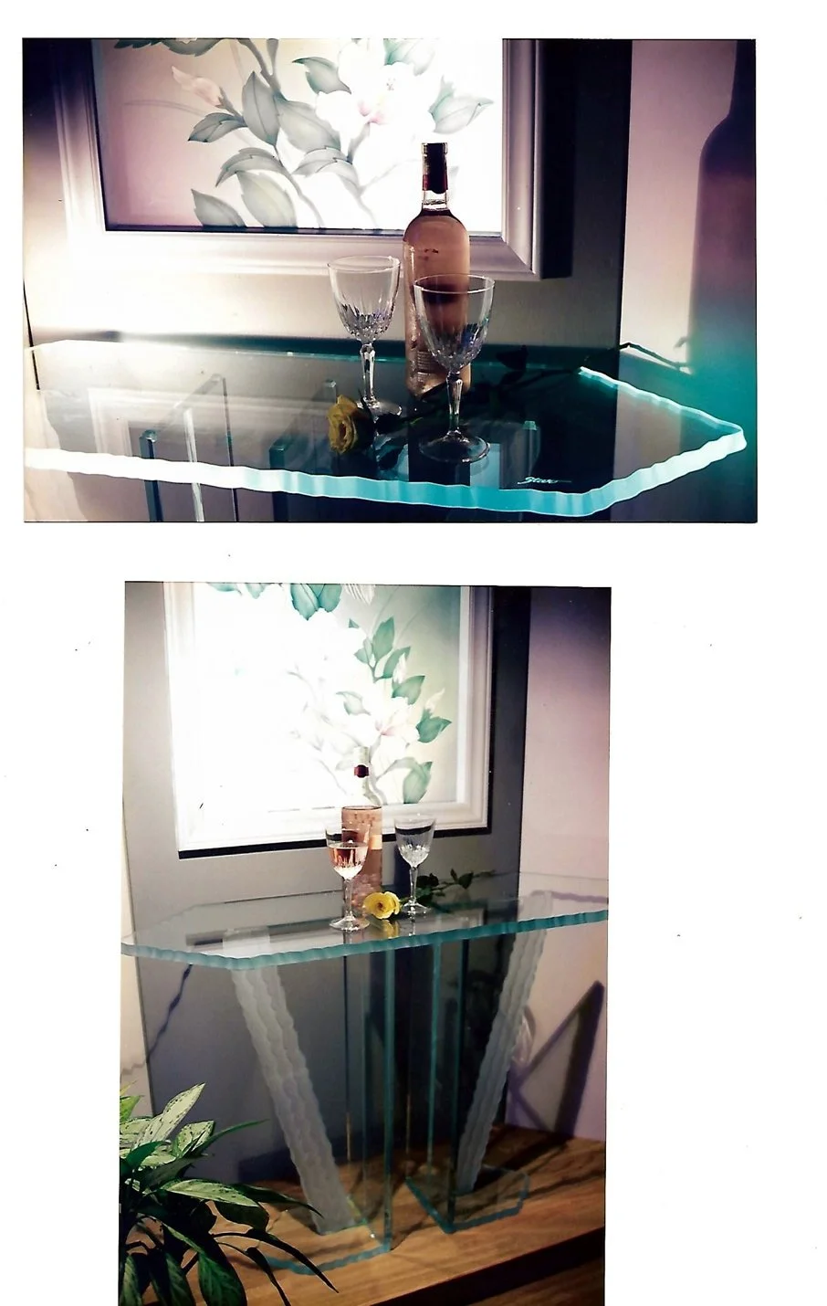 A sculpted glass table with a bottle of wine, two wine glasses, in front of a window with carved and painted floral design. The second image shows the same table with a bottle of rosé and two glasses