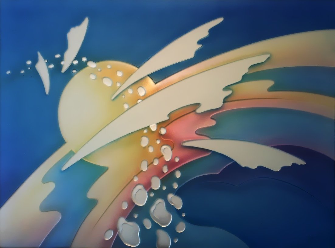 Carved and painted mirror abstract artwork featuring multicolored streaks, and white shards on a blue background.